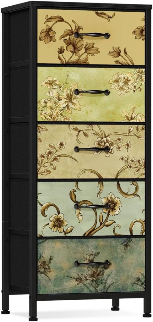 Vertical Dresser for Bedroom, Tall Skinny Storage Tower with 5 Fabric Drawers, Chest of Drawers for Living Room, Dorm, Entryway, Vintage Furniture, Wood Top