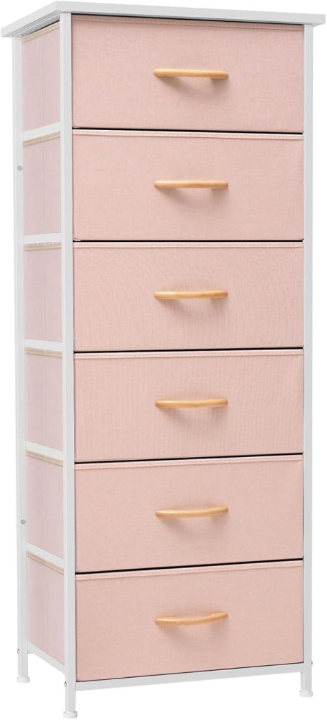 Pink Dresser for Bedroom Storage Tower - Sturdy Steel Frame, Wood Top, Easy Pull Fabric Bins, Wood Handles - Organizer Unit for Hallway, Entryway, Closets - 6 Drawers