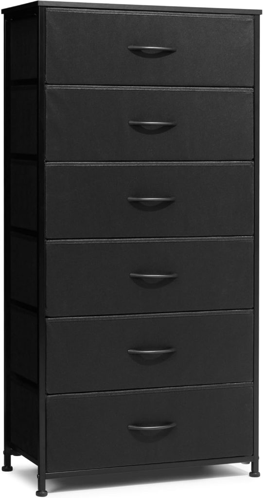 Dresser for Bedroom with 6 Drawers, Tall Chest of Drawers, Black Dressers Bedroom Furniture, Storage Organizer Unit with Bins for Closet, Hallway, Living Room, Entryway
