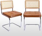 Mid-Century Modern Dining Chairs, Upholstered Tufted Faux Leather Accent Chairs Rattan Dining Chairs Set of 2, Armless Mesh Back Cane Chairs with Metal Chrome Legs, Brown