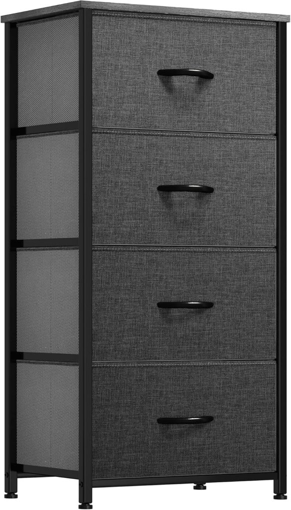Storage Tower with 4 Drawers - Fabric Dresser, Organizer Unit for Bedroom, Living Room, Closets & Nursery - Sturdy Steel Frame, Easy Pull Fabric Bins & Wooden Top